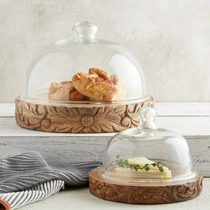 Glass Cloche With Floral Carved Wood Base