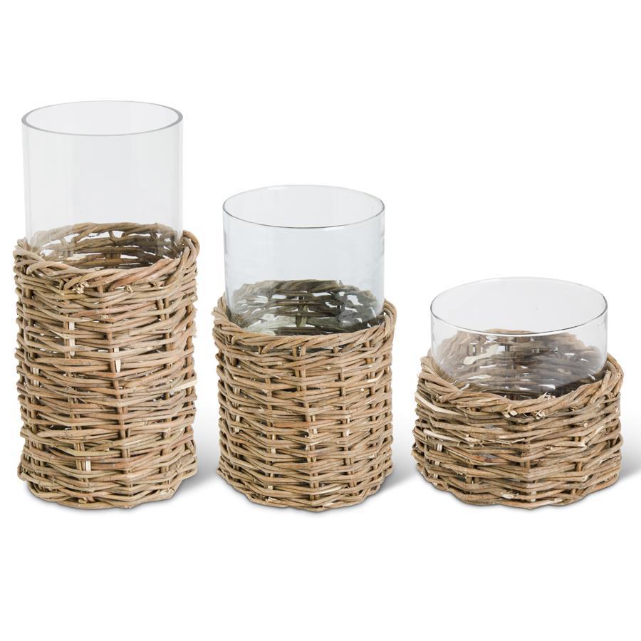 Glass Cylinder Vase In Woven Rattan Basket