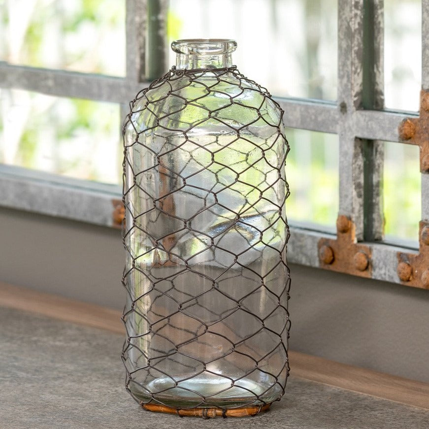 Glass Jar With Chicken Wire Surround 10"