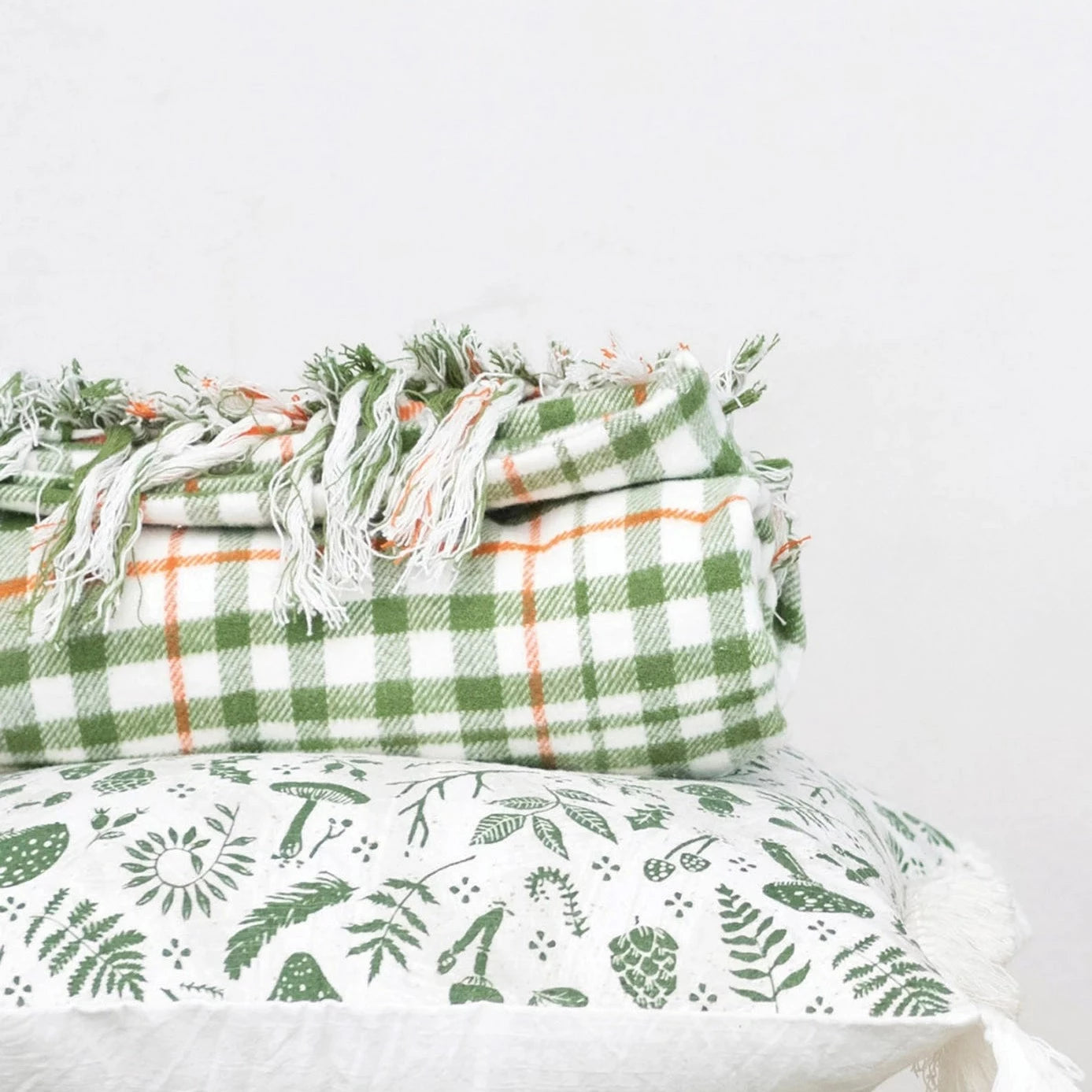 Green Plaid Cotton Throw With Fringe