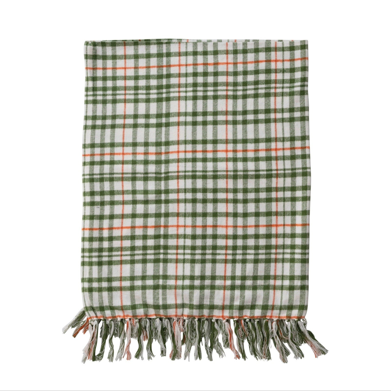 Green Plaid Cotton Throw With Fringe
