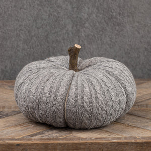 Grey Knit Pumpkin With Faux Wood Stem