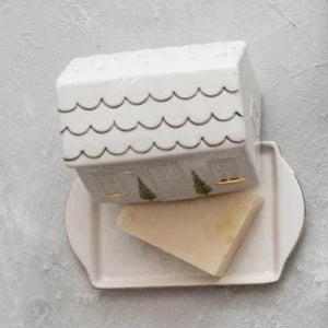 Hand-Painted Stoneware House Butter Dish