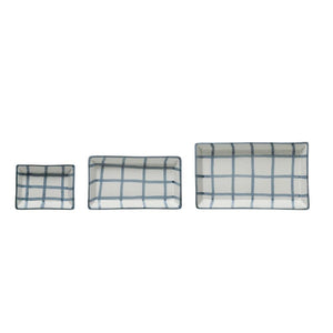 Hand Painted Blue Plaid Stoneware Tray Set of 3