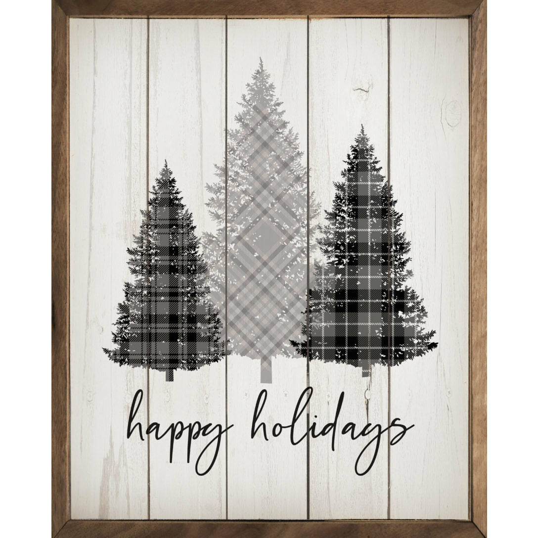 Happy Holidays Plaid Trees Wood Framed Print