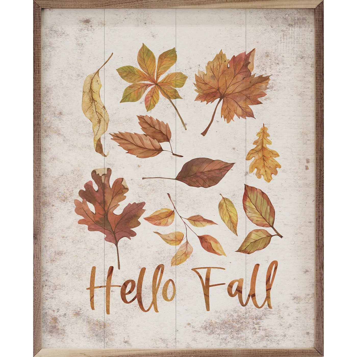 Hello Fall Falling Leaves Wood Framed Print