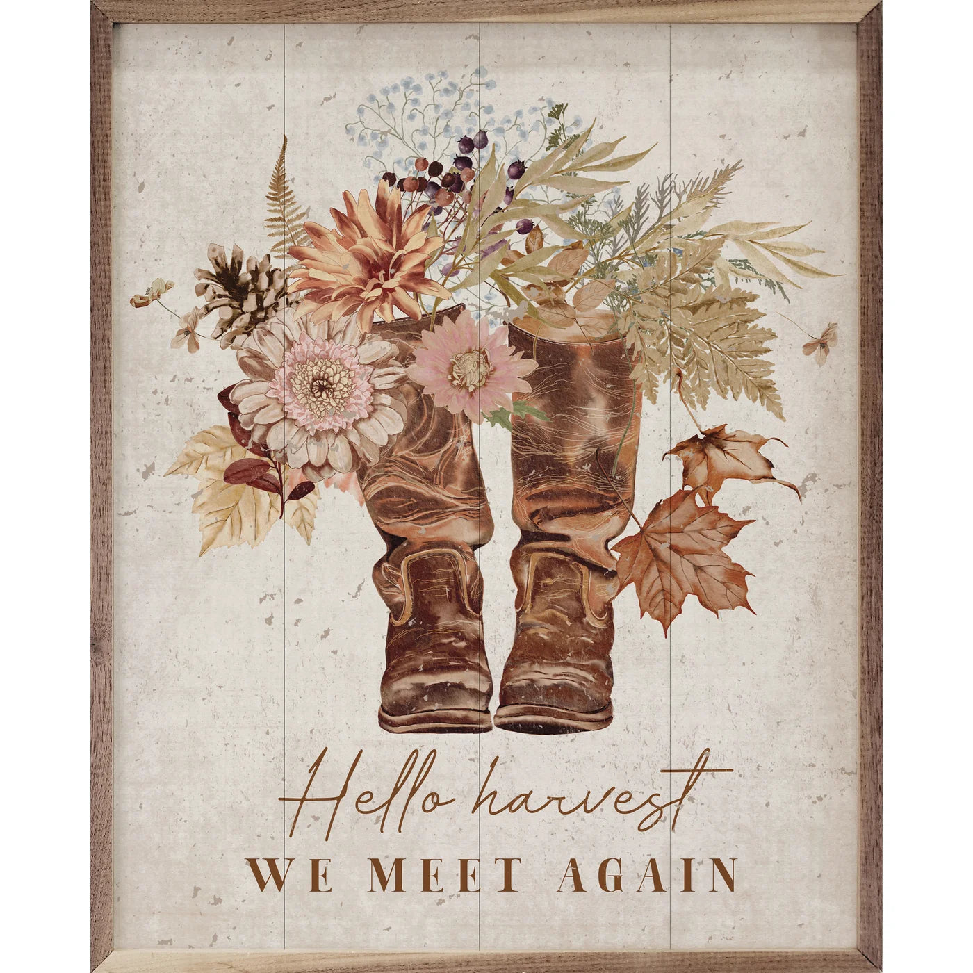 Hello Harvest We Meet Again Boots Whitewash Wood Framed Print