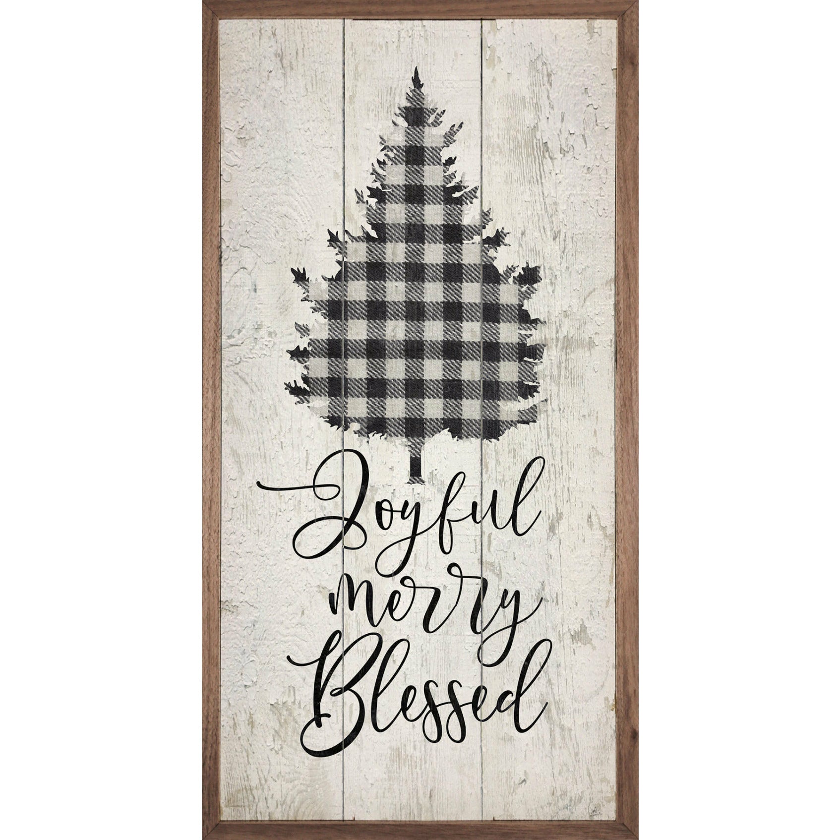 Joyful Merry Blessed Plaid Pine Tree Wood Framed Print