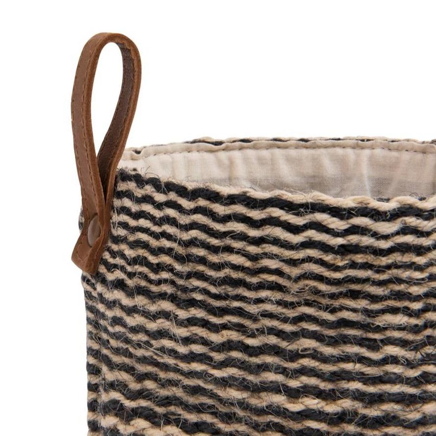 Jute Black Striped Basket With Leather Handle