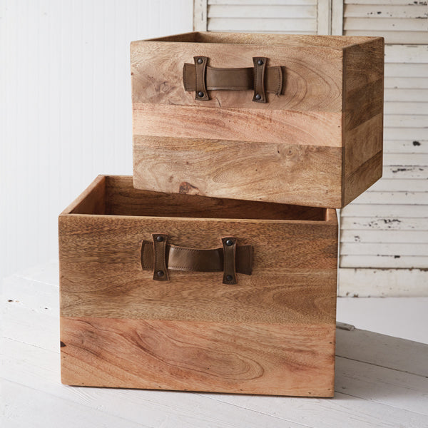 CTW Home 510559 Leather Handled Wood Boxes - Set of 2