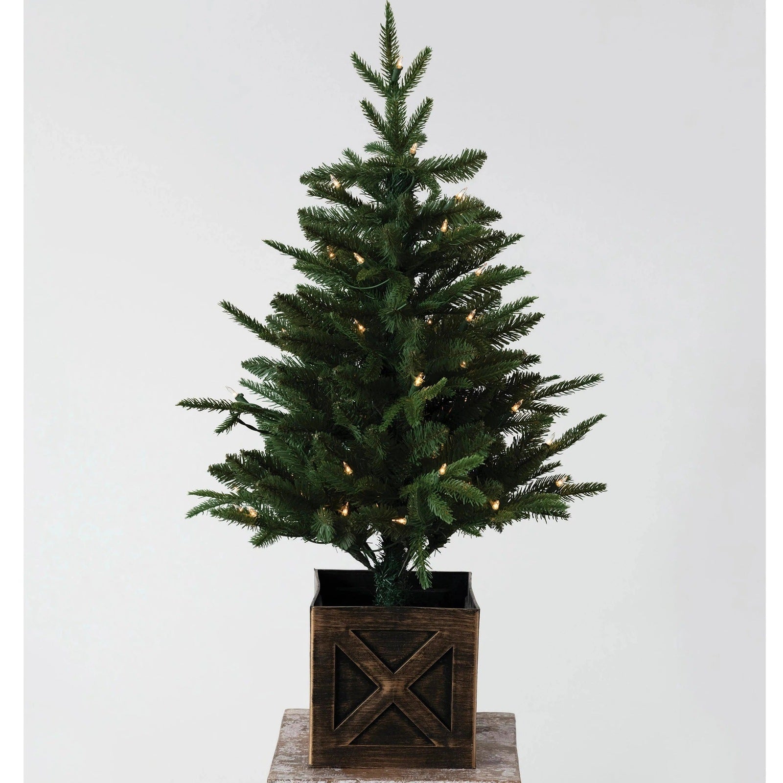 Lighted Porch Fir Tree In Faux Wood Crate