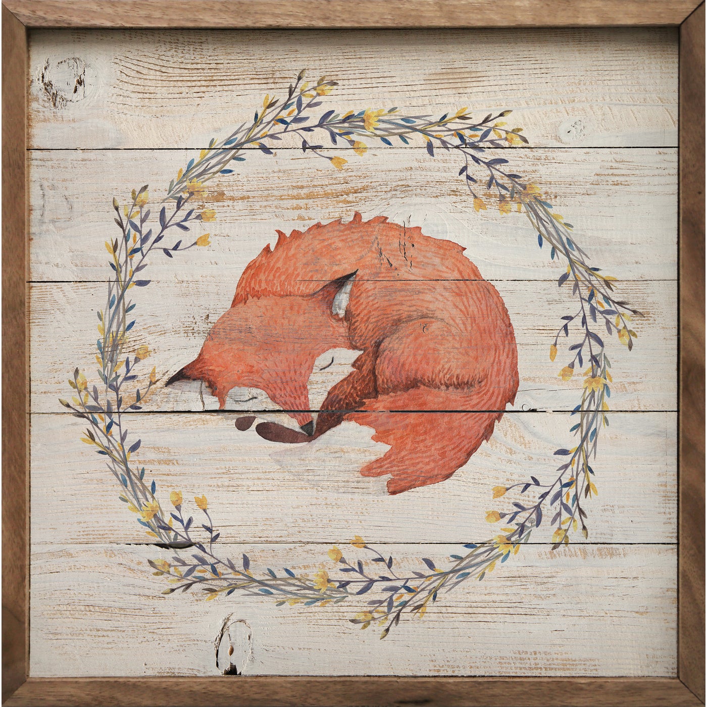Little Fox Wreath Whitewash Wood Framed Print