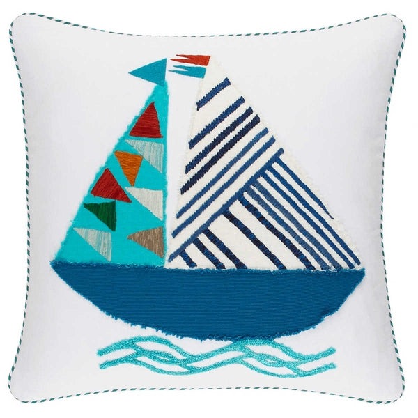 Pine Cone Hill Triangle Sailboats Applique Blue Decorative Pillow Cover