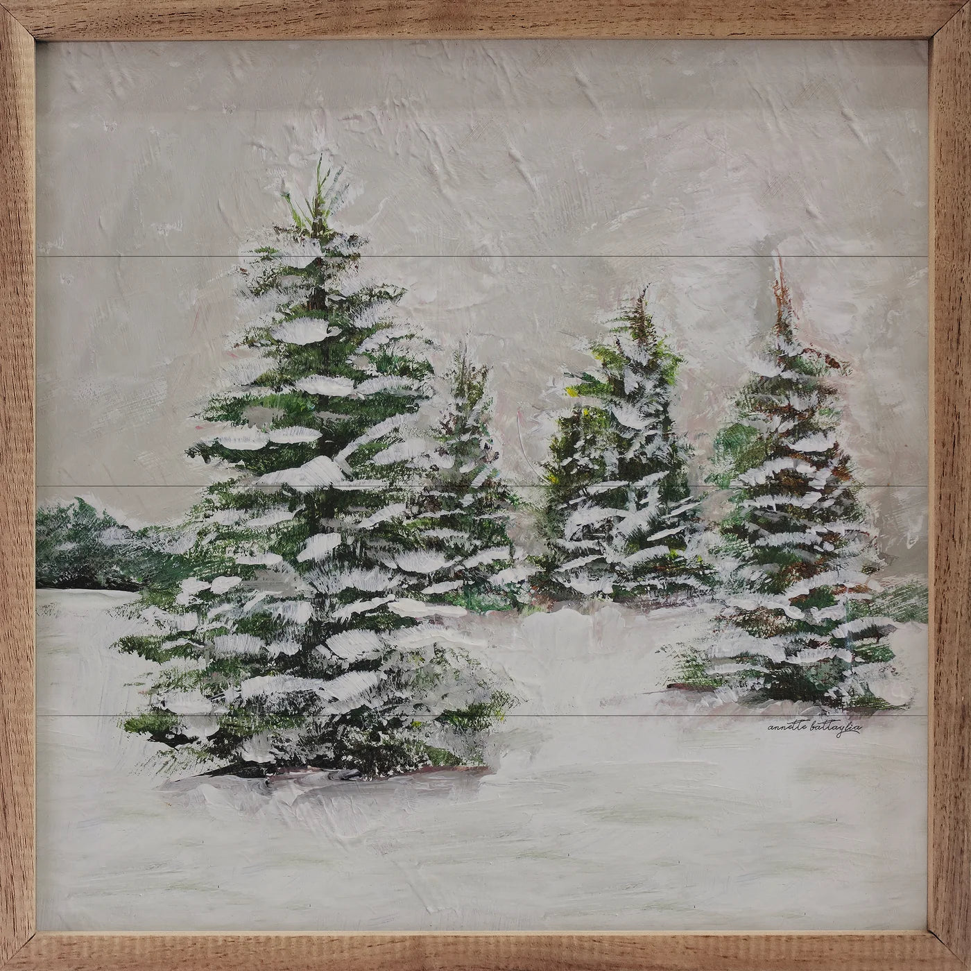 Pines In Snow Wood Framed Print