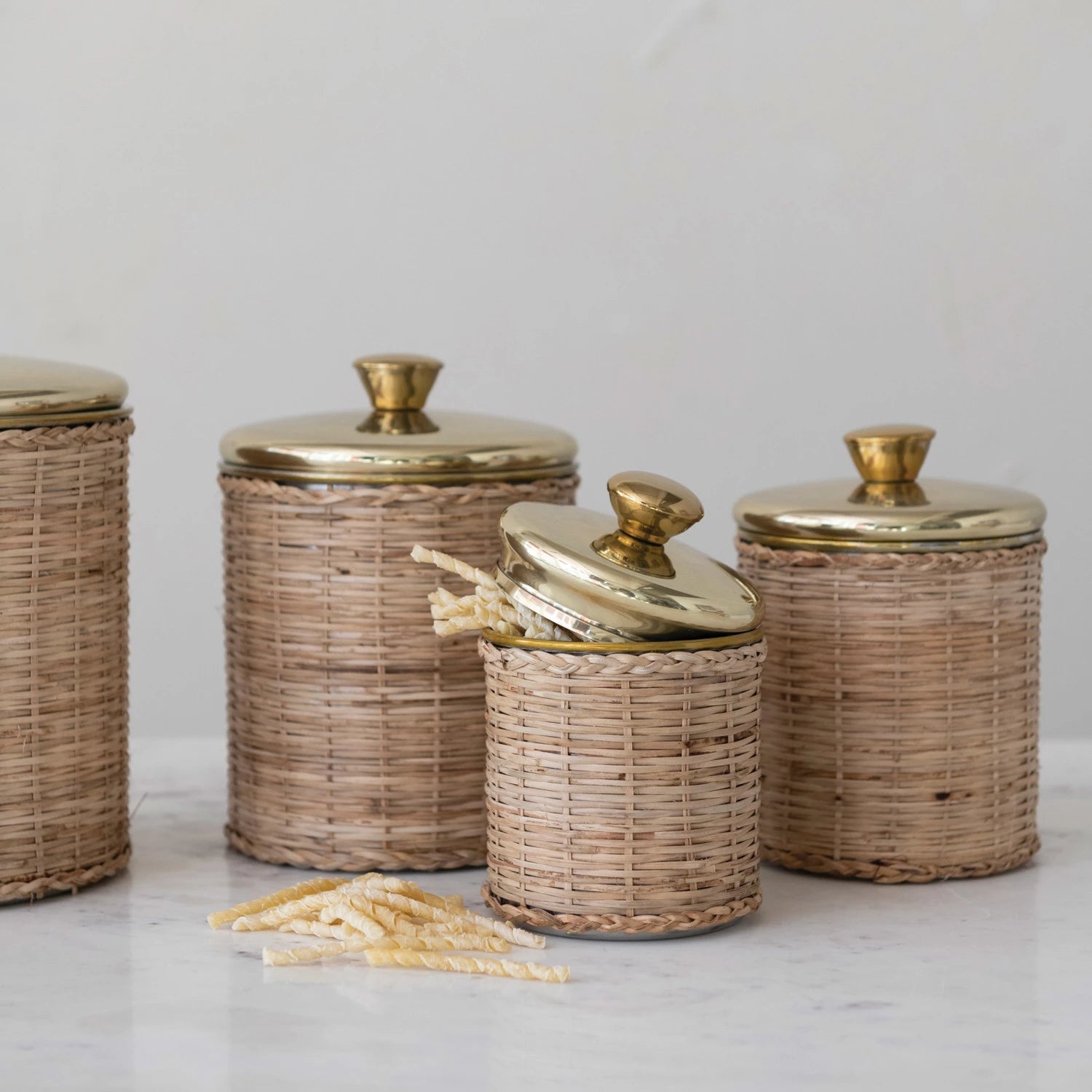 Rattan Wrapped Brass Stainless Steel Canister