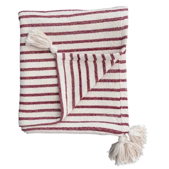 Red & Cream Striped Slub Cotton Throw With Tassels