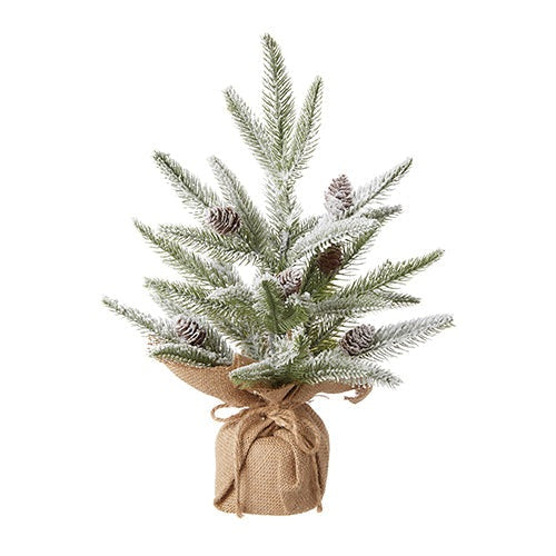 Snowy Tree With Pinecones In Burlap Wrapped Base