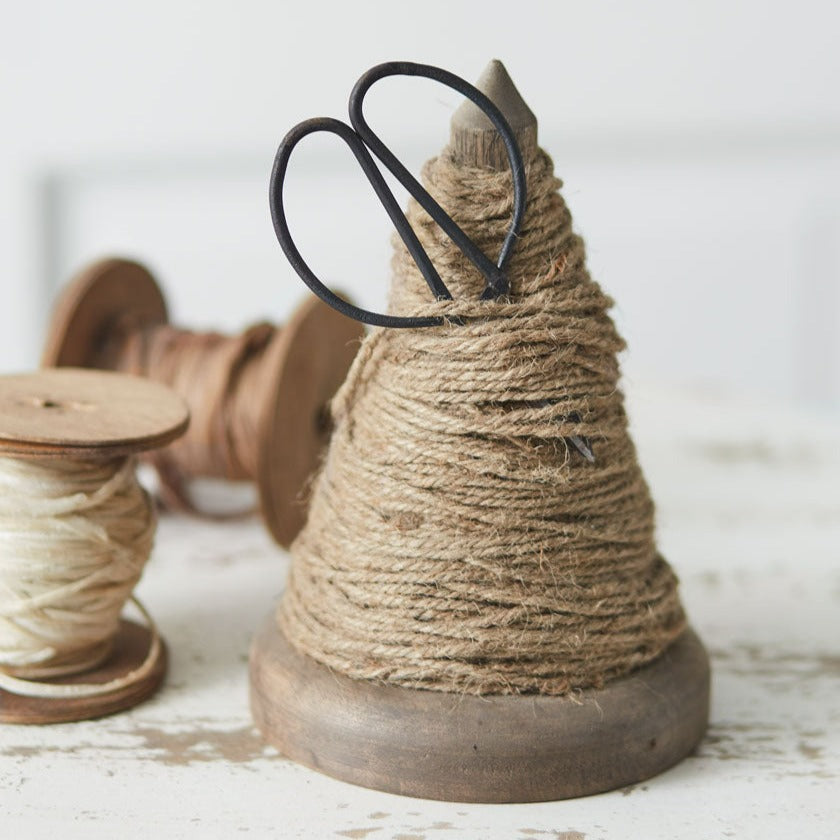 Tree Shaped Wooden Spool With Jute & Scissors