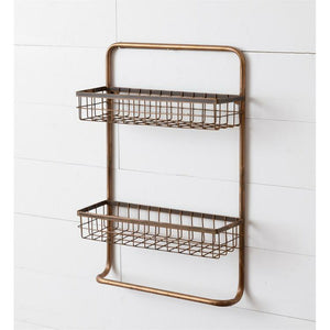 Two Tier Copper Wall Basket With Towel Holder