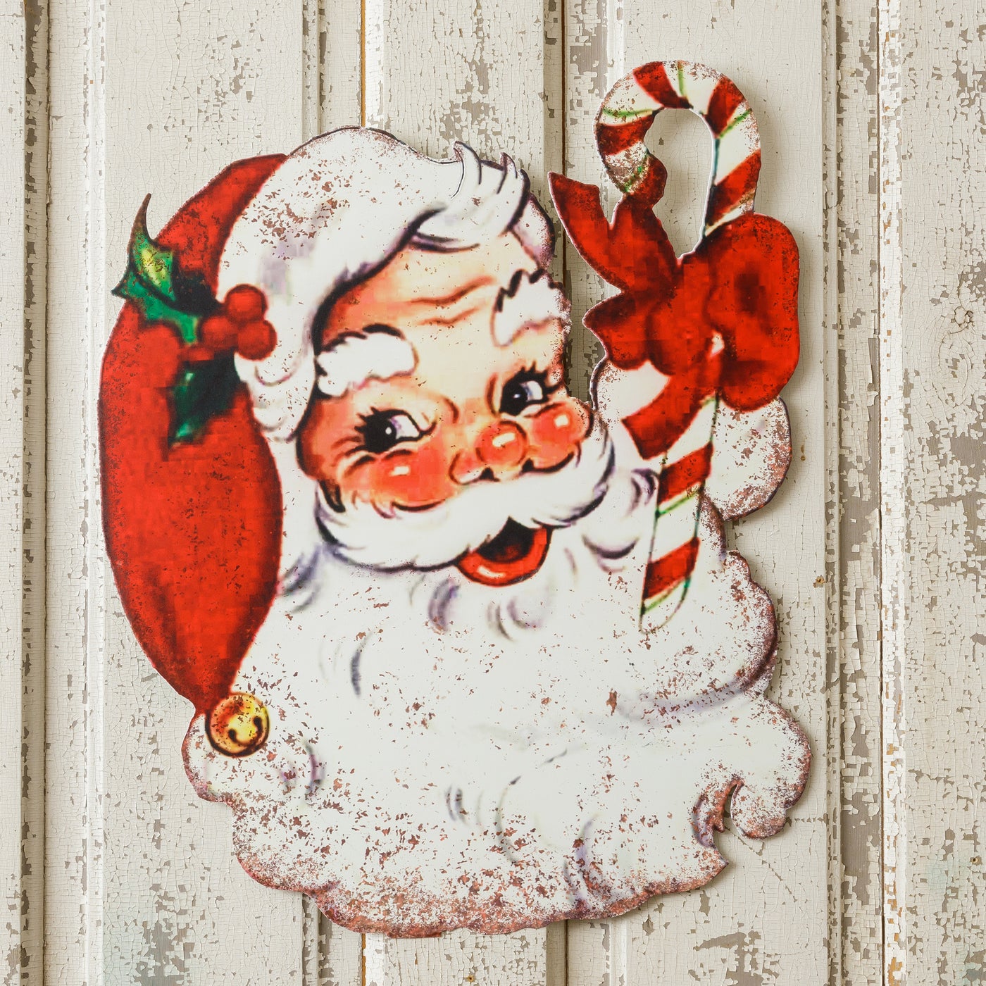 Vintage Metal Santa With Candy Cane Sign