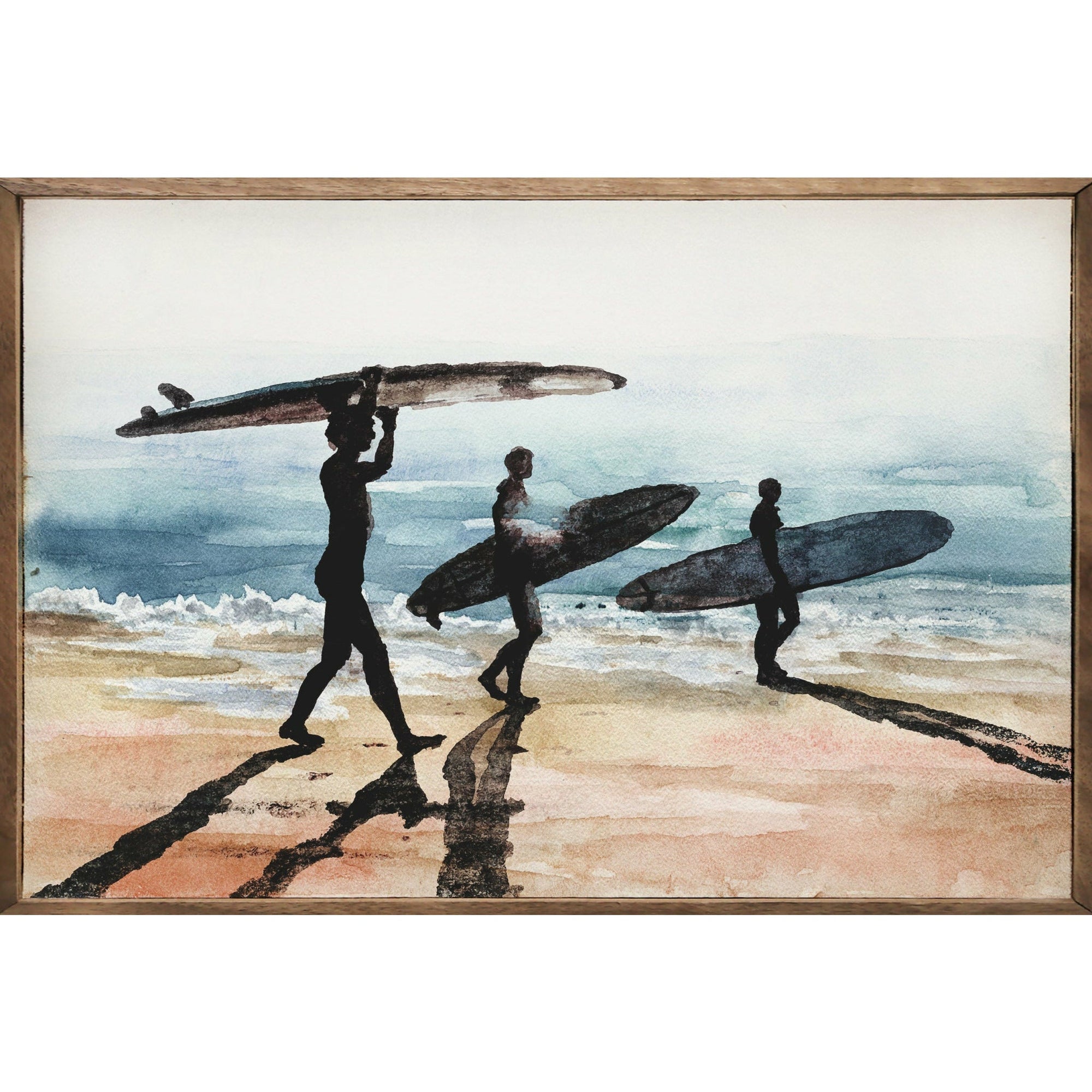 Watercolor Surfers On The Beach Wood Framed Print