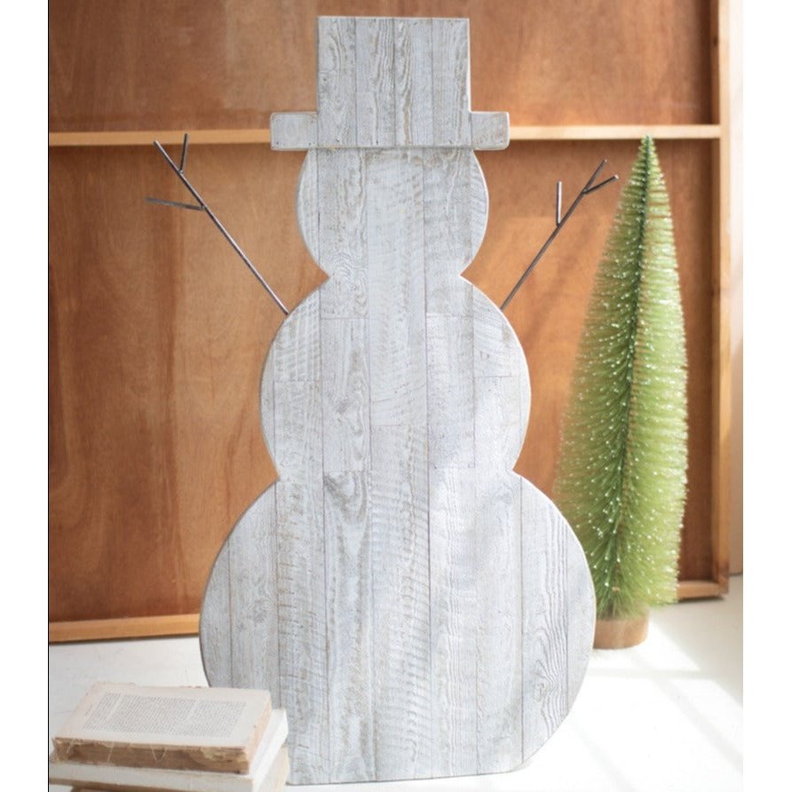 White Recycled Wood Snowman On Stand