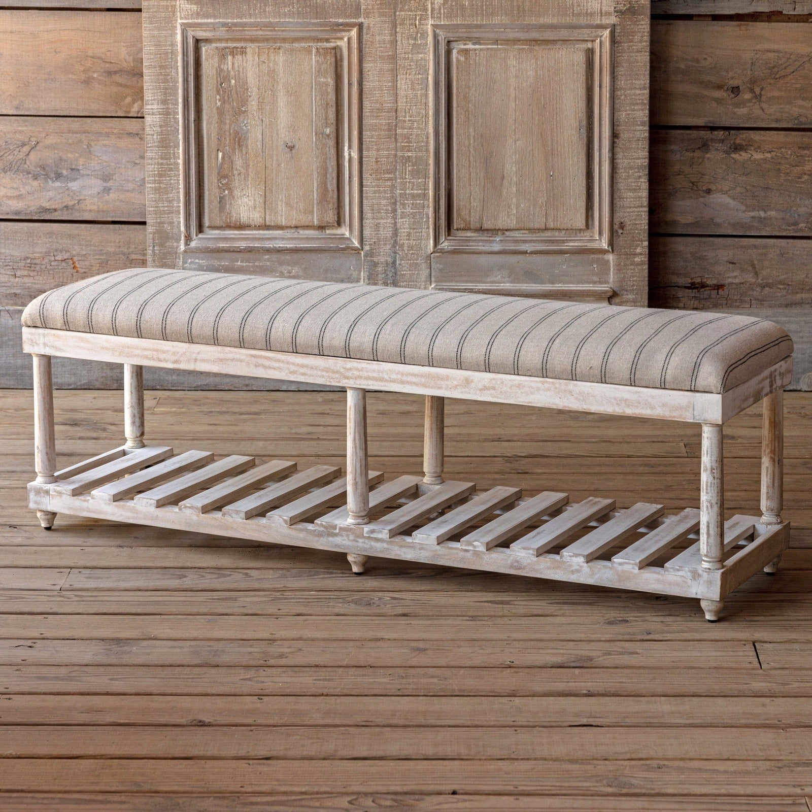 White Washed Bench with Striped Linen