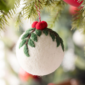 Wool Felt White Ball Ornament With Holly