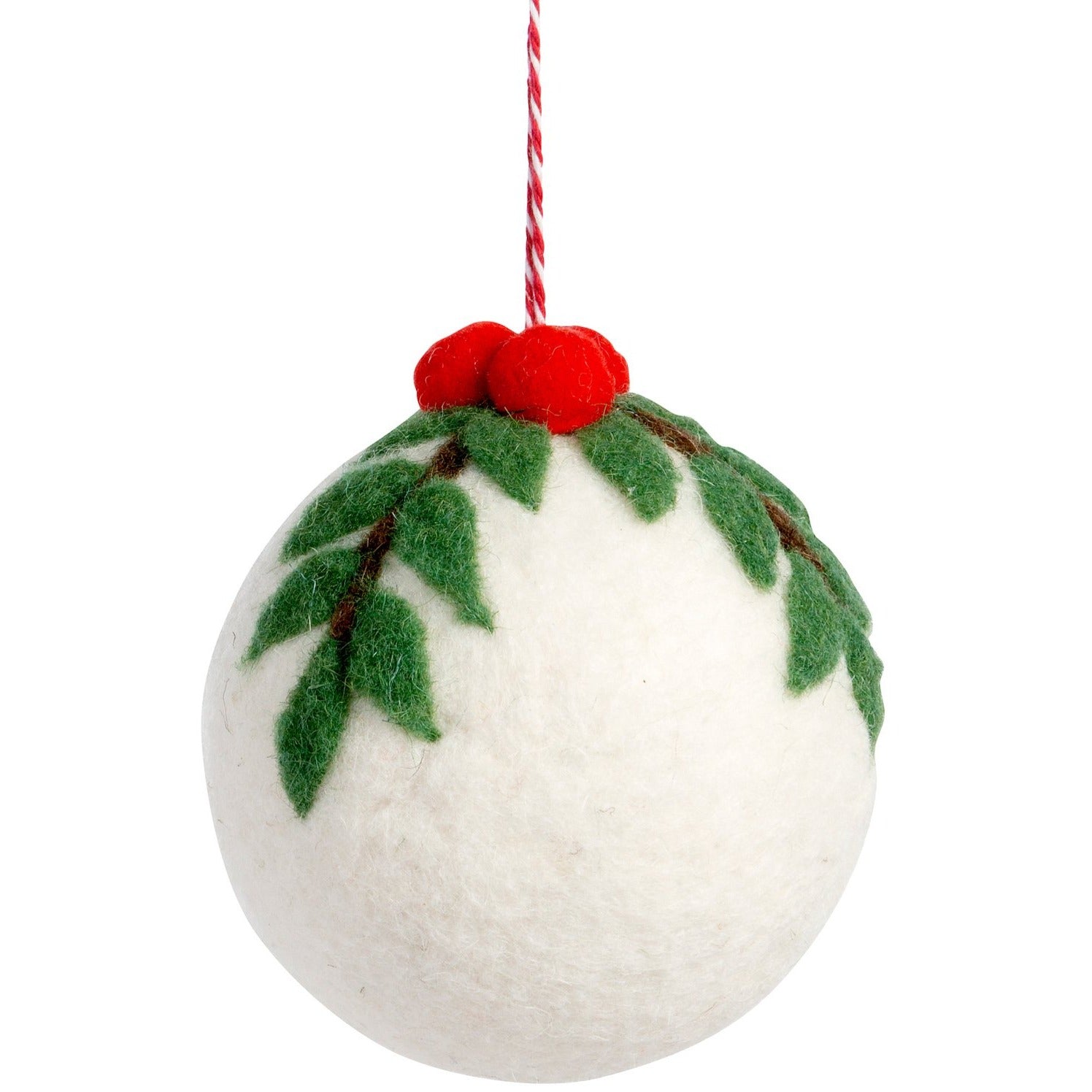 Wool Felt White Ball Ornament With Holly