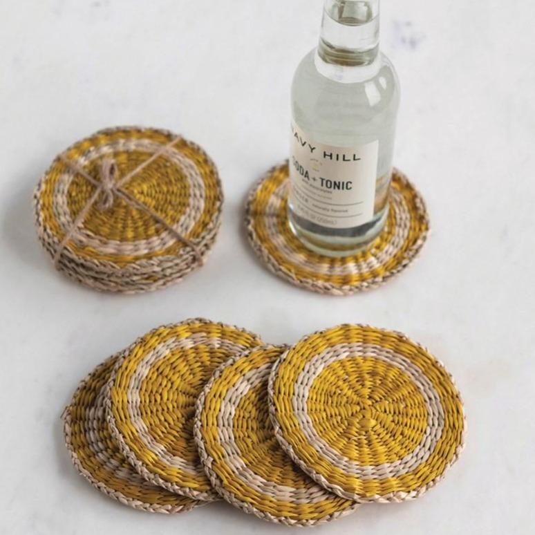 Yellow &amp; Natural Seagrass Coasters S/4