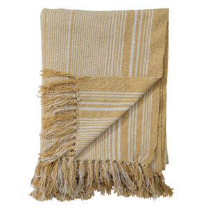 Yellow Striped Woven Recycled Cotton Throw With Tassels